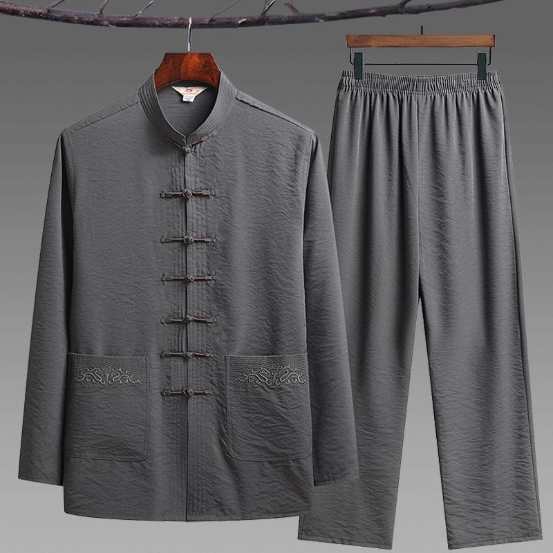 Ensemble de 2 pièces de costume Tang uni pour homme avec chemise à manches longues et pantalon à boutons de Buddha Stones