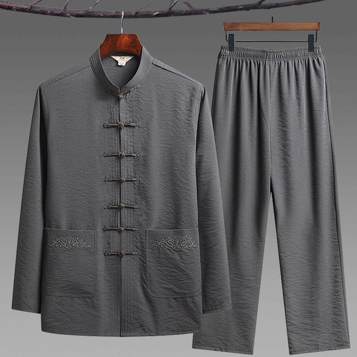 Ensemble de 2 pièces de costume Tang uni pour homme avec chemise à manches longues et pantalon à boutons de Buddha Stones