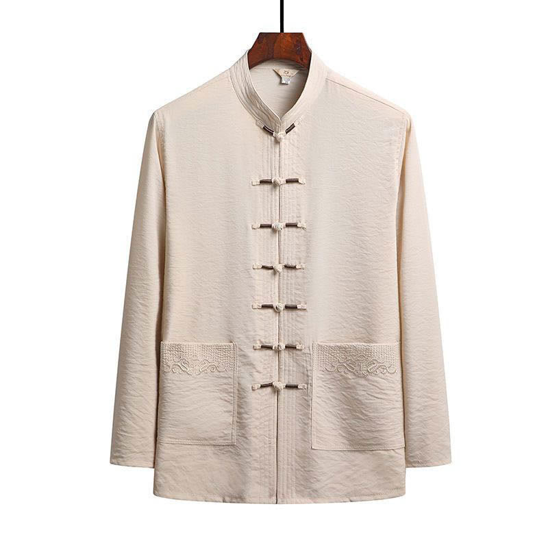 Ensemble de 2 pièces de costume Tang uni pour homme avec chemise à manches longues et pantalon à boutons de Buddha Stones