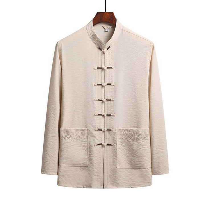 Ensemble de 2 pièces de costume Tang uni pour homme avec chemise à manches longues et pantalon à boutons de Buddha Stones