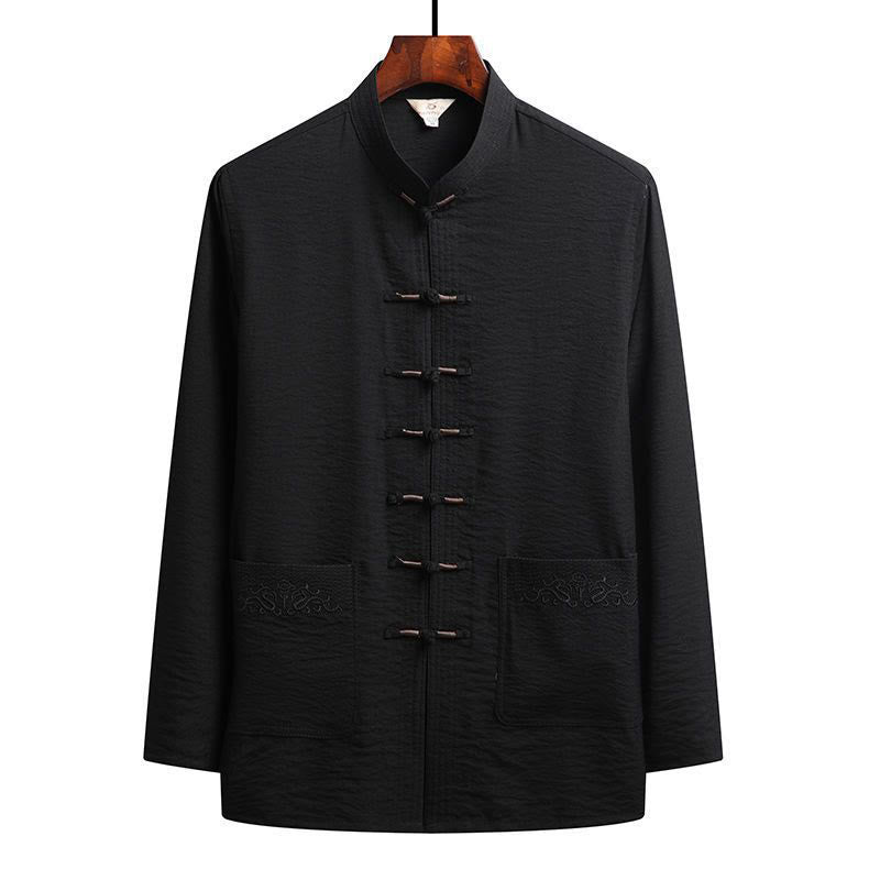 Ensemble de 2 pièces de costume Tang uni pour homme avec chemise à manches longues et pantalon à boutons de Buddha Stones