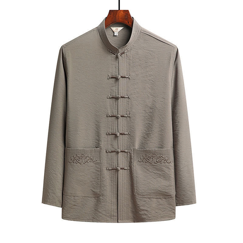 Ensemble de 2 pièces de costume Tang uni pour homme avec chemise à manches longues et pantalon à boutons de Buddha Stones