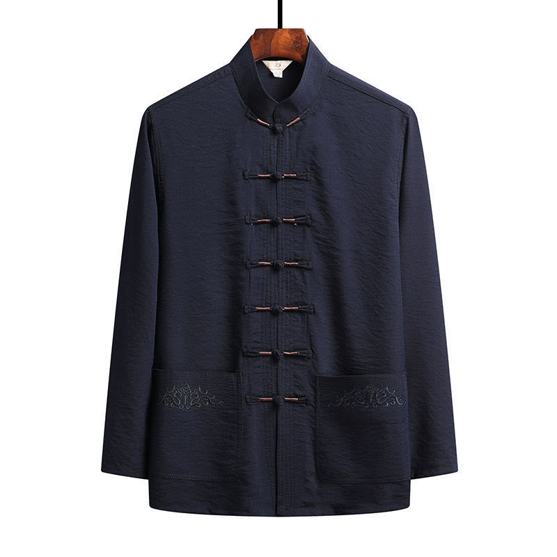 Ensemble de 2 pièces de costume Tang uni pour homme avec chemise à manches longues et pantalon à boutons de Buddha Stones