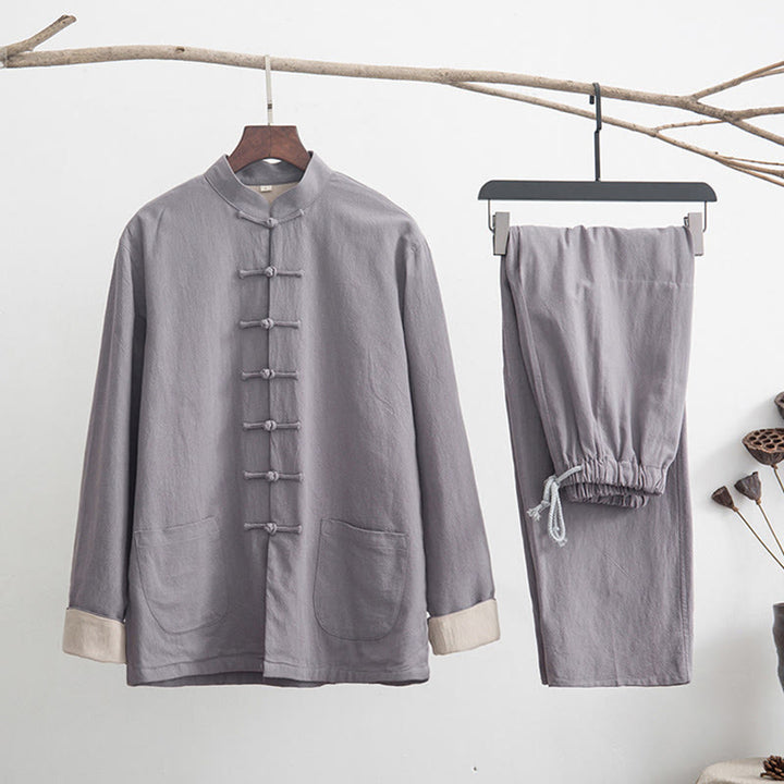 Ensemble chemise à manches longues et pantalon en lin pour homme, 2 pièces, motif Buddha Stones , Zen Tang - Gris - US/UK/AU44，EU54 (4XL) - image 0