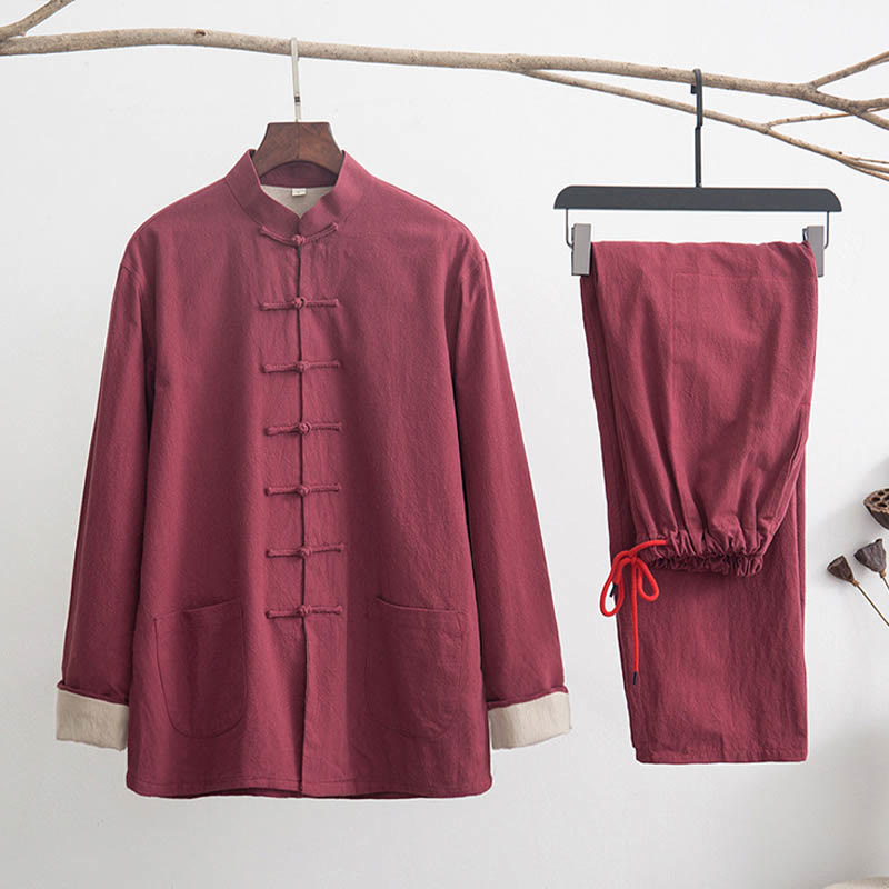 Ensemble chemise à manches longues et pantalon en lin pour homme, 2 pièces, motif Buddha Stones , Zen Tang - FireBrick - US/UK/AU44，EU54 (4XL) - image 18