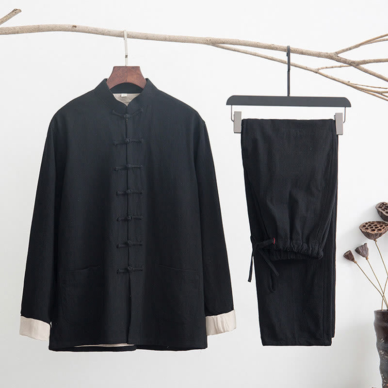 Ensemble chemise à manches longues et pantalon en lin pour homme, 2 pièces, motif Buddha Stones , Zen Tang - Noir - US/UK/AU44，EU54 (4XL) - image 2