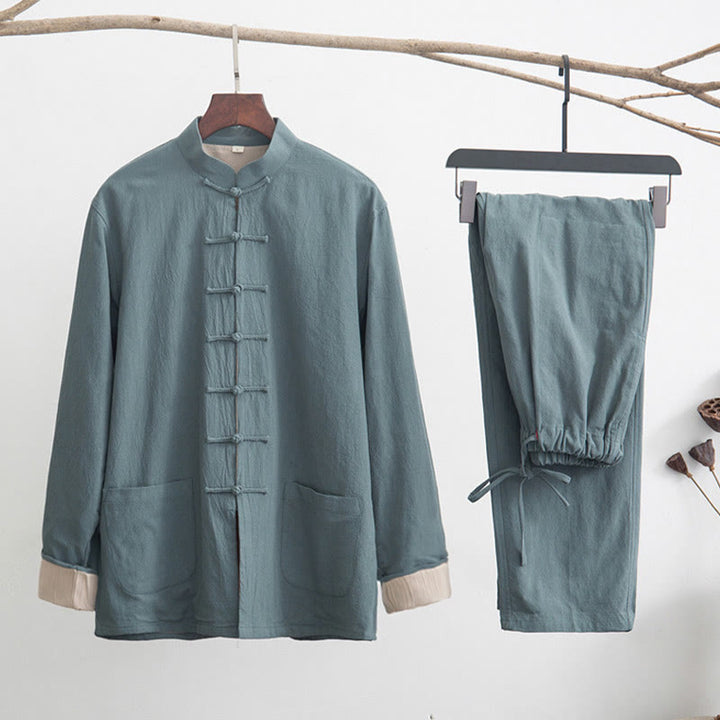 Ensemble chemise à manches longues et pantalon en lin pour homme, 2 pièces, motif Buddha Stones , Zen Tang - CadetBlue - US/UK/AU44，EU54 (4XL) - image 4