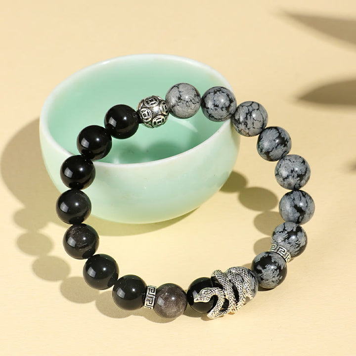 Bracelet de protection en obsidienne flocon de neige en jaspe gris turquoise blanc et argent naturel Buddha Stones