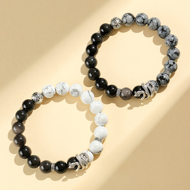 Bracelet de protection en obsidienne flocon de neige en jaspe gris turquoise blanc et argent naturel Buddha Stones