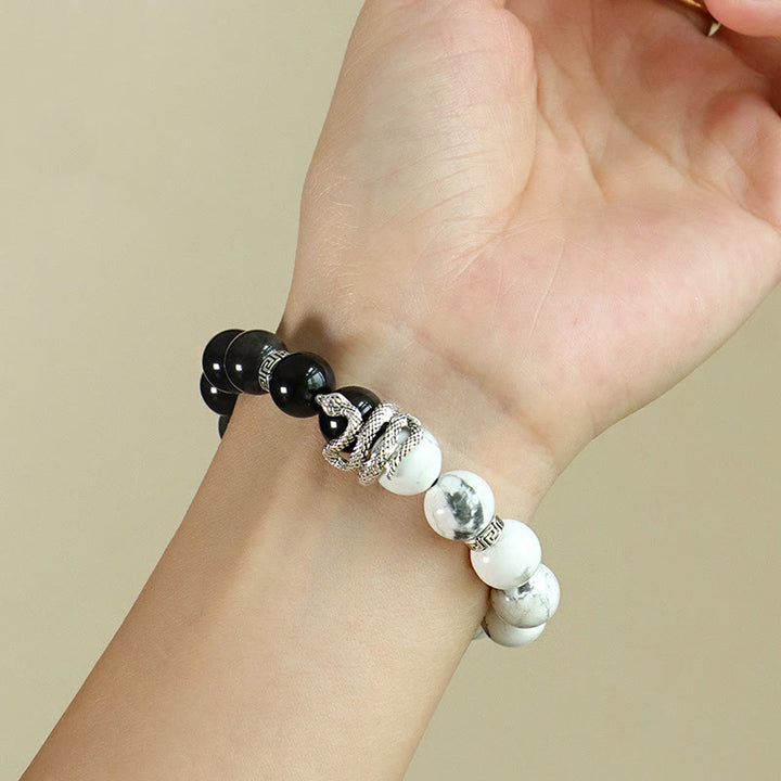 Bracelet de protection en obsidienne flocon de neige en jaspe gris turquoise blanc et argent naturel Buddha Stones