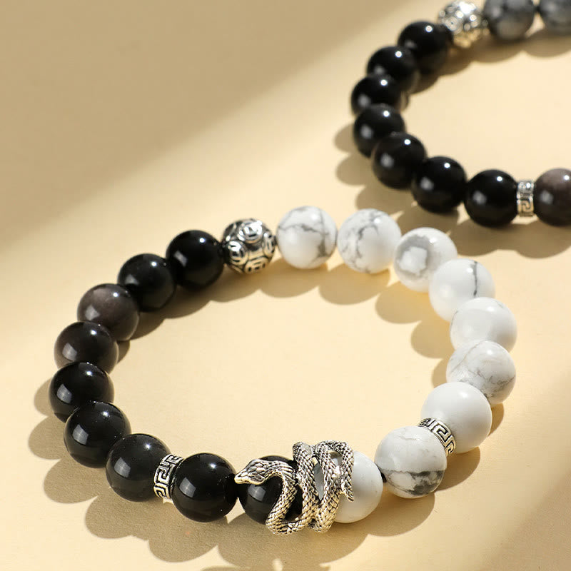Bracelet de protection en obsidienne flocon de neige en jaspe gris turquoise blanc et argent naturel Buddha Stones
