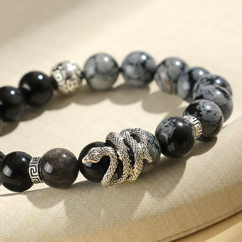 Bracelet de protection en obsidienne flocon de neige en jaspe gris turquoise blanc et argent naturel Buddha Stones