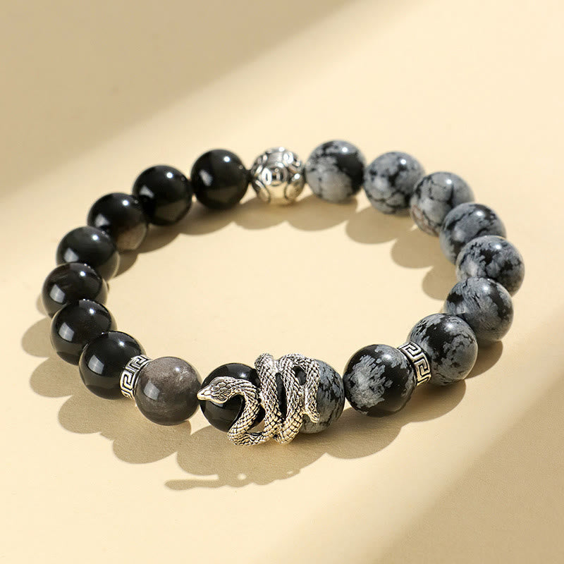 Bracelet de protection en obsidienne flocon de neige en jaspe gris turquoise blanc et argent naturel Buddha Stones