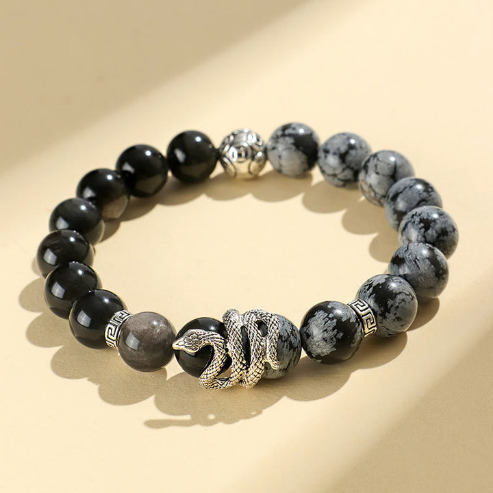 Bracelet de protection en obsidienne flocon de neige en jaspe gris turquoise blanc et argent naturel Buddha Stones