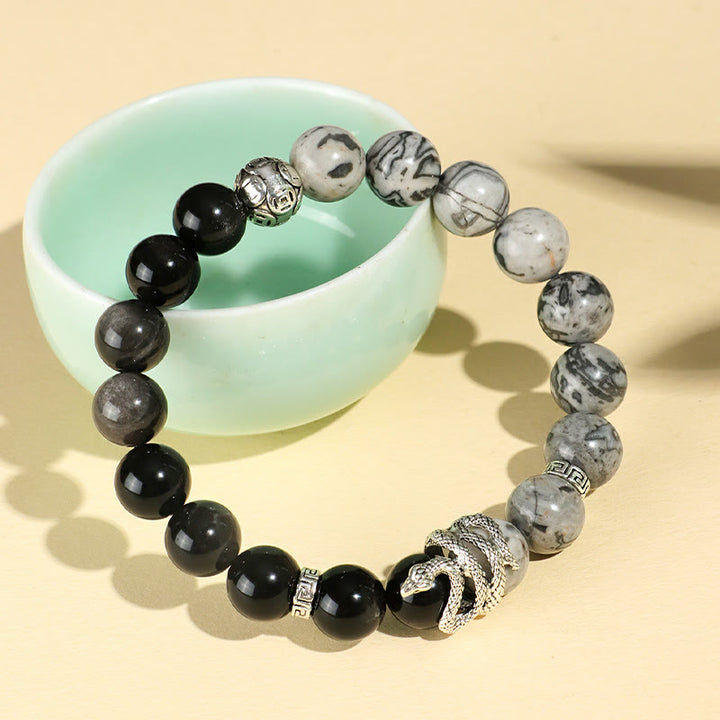 Bracelet de protection en obsidienne flocon de neige en jaspe gris turquoise blanc et argent naturel Buddha Stones