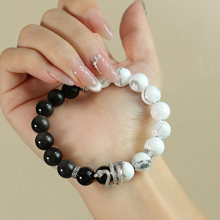 Bracelet de protection en obsidienne flocon de neige en jaspe gris turquoise blanc et argent naturel Buddha Stones