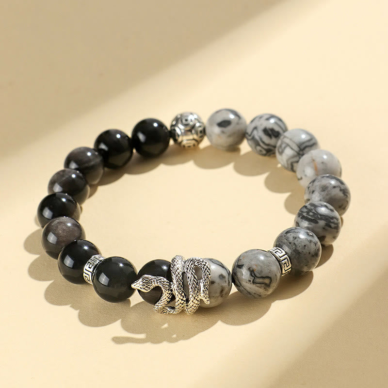 Bracelet de protection en obsidienne flocon de neige en jaspe gris turquoise blanc et argent naturel Buddha Stones