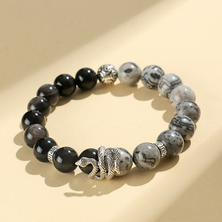 Bracelet de protection en obsidienne flocon de neige en jaspe gris turquoise blanc et argent naturel Buddha Stones