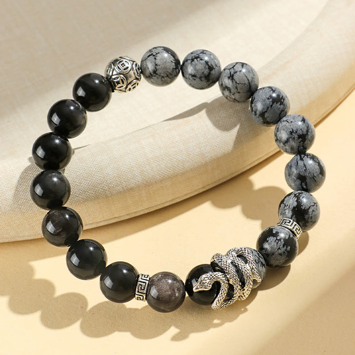 Bracelet de protection en obsidienne flocon de neige en jaspe gris turquoise blanc et argent naturel Buddha Stones