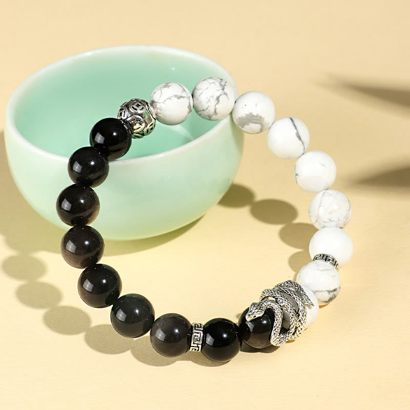 Bracelet de protection en obsidienne flocon de neige en jaspe gris turquoise blanc et argent naturel Buddha Stones