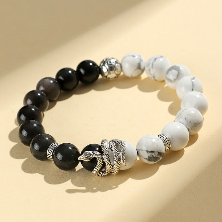Bracelet de protection en obsidienne flocon de neige en jaspe gris turquoise blanc et argent naturel Buddha Stones