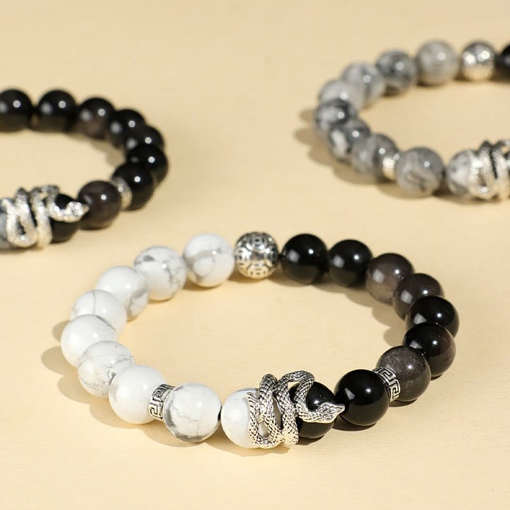 Bracelet de protection en obsidienne flocon de neige en jaspe gris turquoise blanc et argent naturel Buddha Stones
