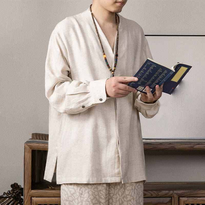 Chemise à manches longues en lin pour homme à col en V et Buddha Stones Zen Clothing