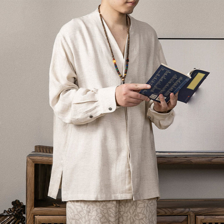Chemise à manches longues en lin pour homme à col en V et Buddha Stones Zen Clothing
