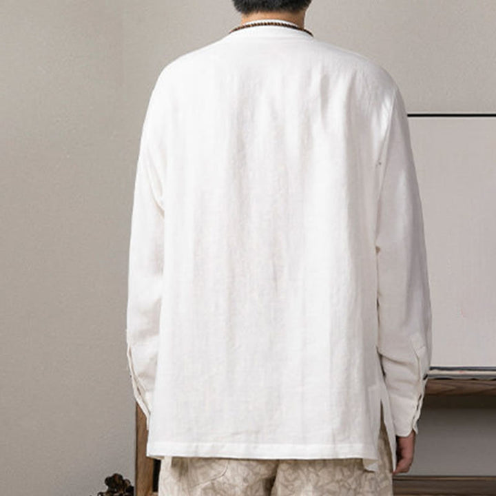 Chemise à manches longues en lin pour homme à col en V et Buddha Stones Zen Clothing