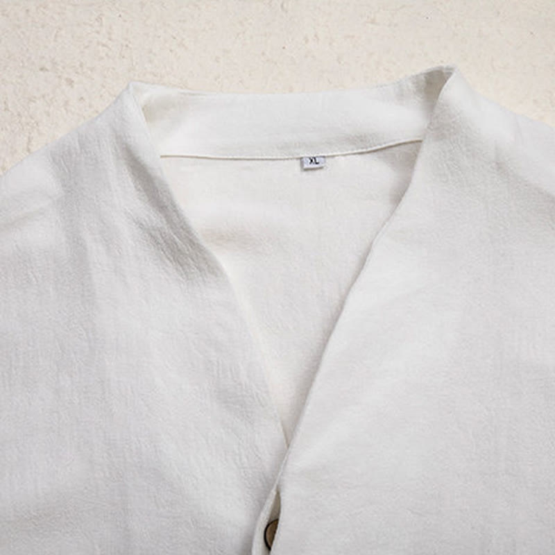 Chemise à manches longues en lin pour homme à col en V et Buddha Stones Zen Clothing