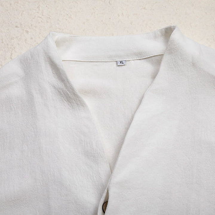 Chemise à manches longues en lin pour homme à col en V et Buddha Stones Zen Clothing