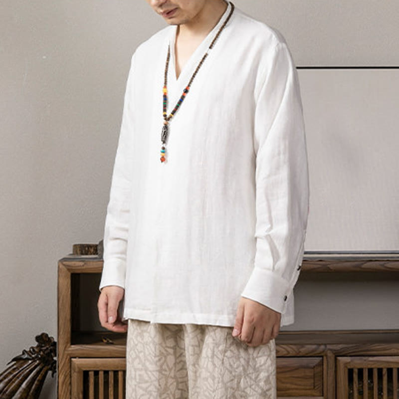 Chemise à manches longues en lin pour homme à col en V et Buddha Stones Zen Clothing