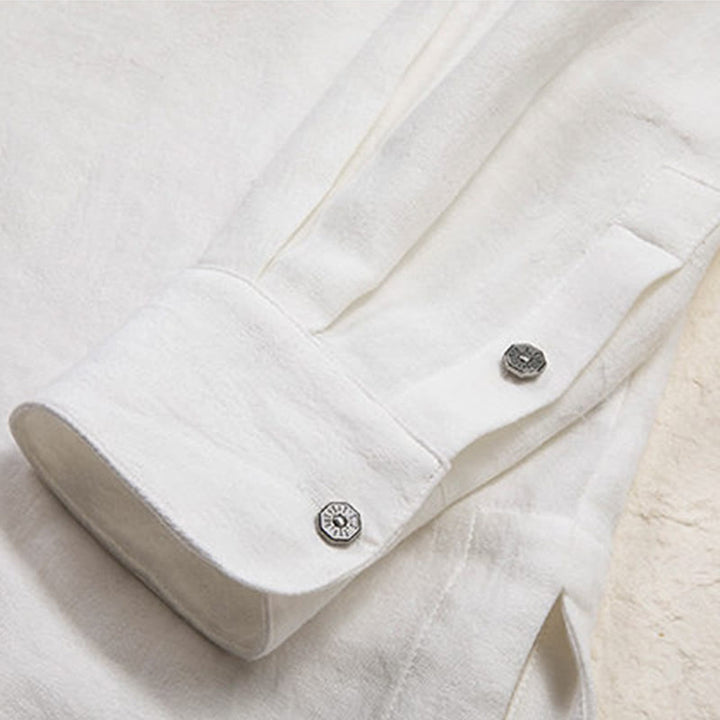 Chemise à manches longues en lin pour homme à col en V et Buddha Stones Zen Clothing