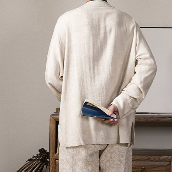 Chemise à manches longues en lin pour homme à col en V et Buddha Stones Zen Clothing