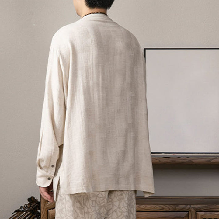 Chemise à manches longues en lin pour homme à col en V et Buddha Stones Zen Clothing