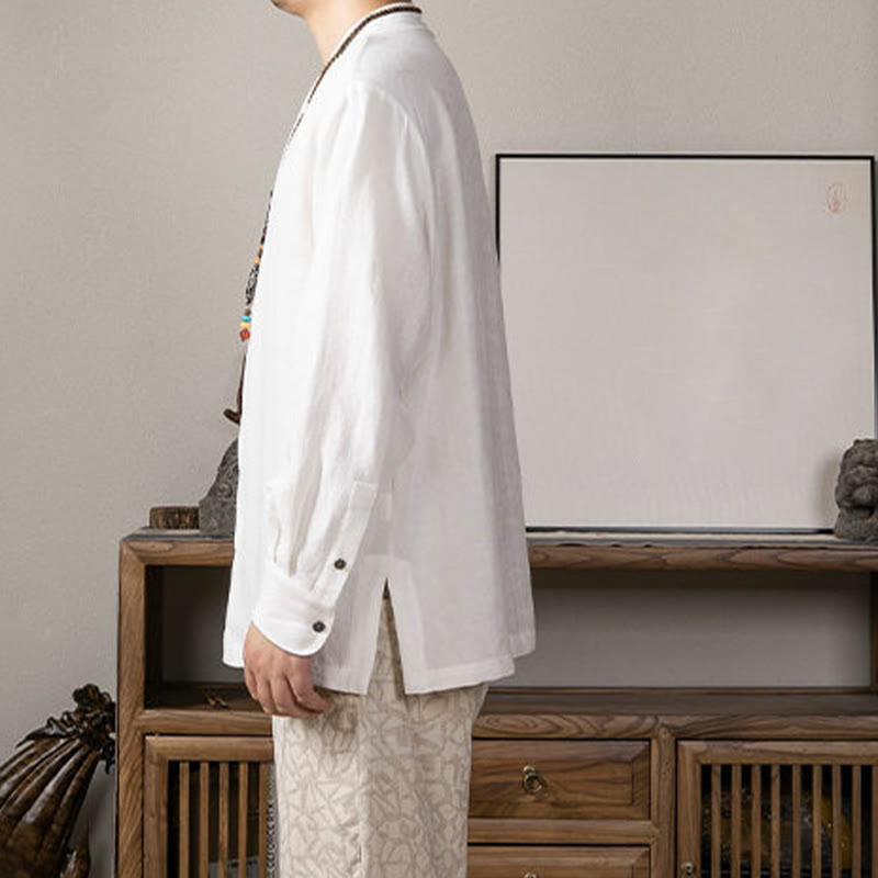 Chemise à manches longues en lin pour homme à col en V et Buddha Stones Zen Clothing