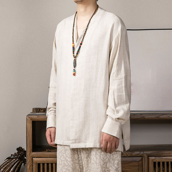 Chemise à manches longues en lin pour homme à col en V et Buddha Stones Zen Clothing