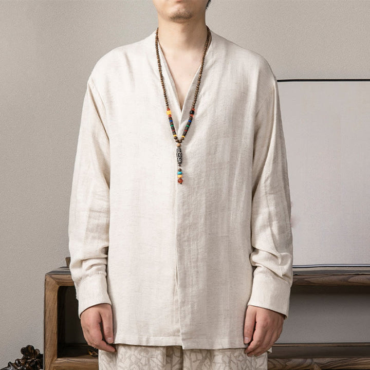 Chemise à manches longues en lin pour homme à col en V et Buddha Stones Zen Clothing