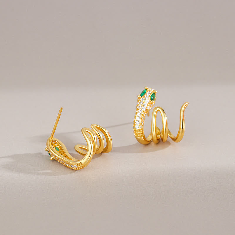 Boucles d'oreilles en argent sterling 925 en forme de serpent aux yeux verts de Buddha Stones Année du serpent Harmony