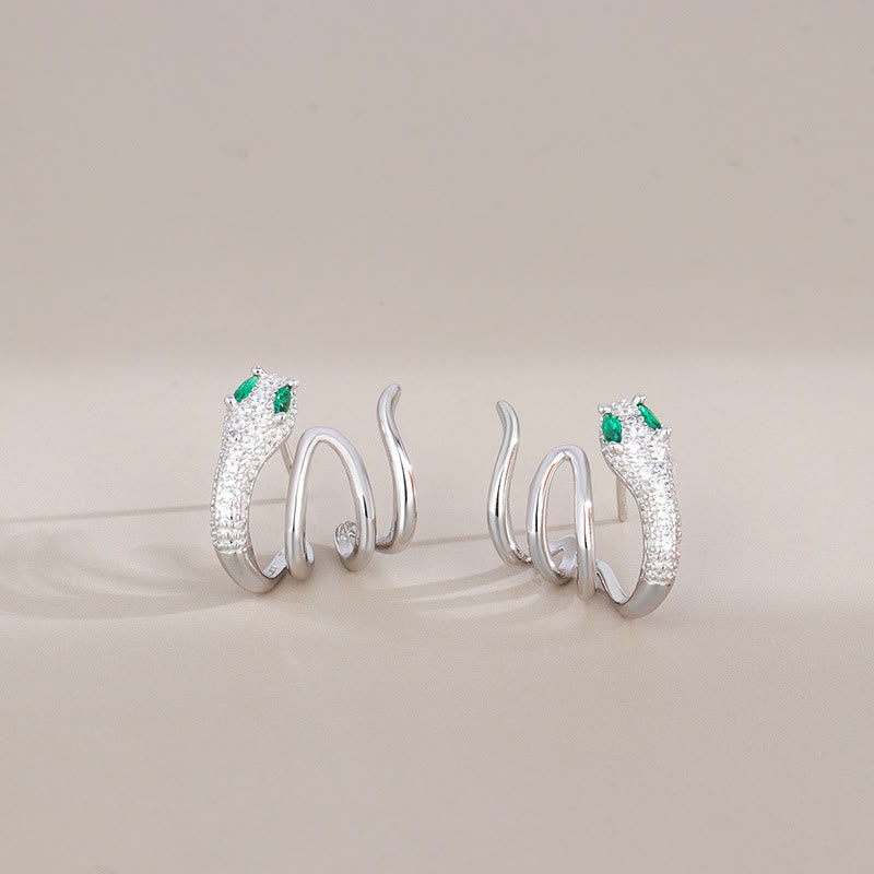 Boucles d'oreilles en argent sterling 925 en forme de serpent aux yeux verts de Buddha Stones Année du serpent Harmony