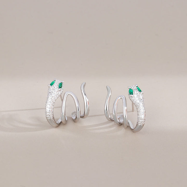 Boucles d'oreilles en argent sterling 925 en forme de serpent aux yeux verts de Buddha Stones Année du serpent Harmony