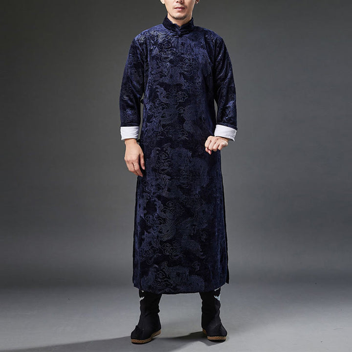 Buddha Stones Vintage Automne Hiver Chinois Grenouille Bouton Tang Costume Hommes Dragon Jacquard Robe Avec Poches