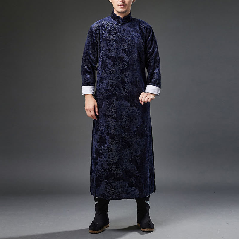 Buddha Stones Vintage Automne Hiver Chinois Grenouille Bouton Tang Costume Hommes Dragon Jacquard Robe Avec Poches - Bleu acier clair - US/UK/AU38， EU48 (XL) - image 0