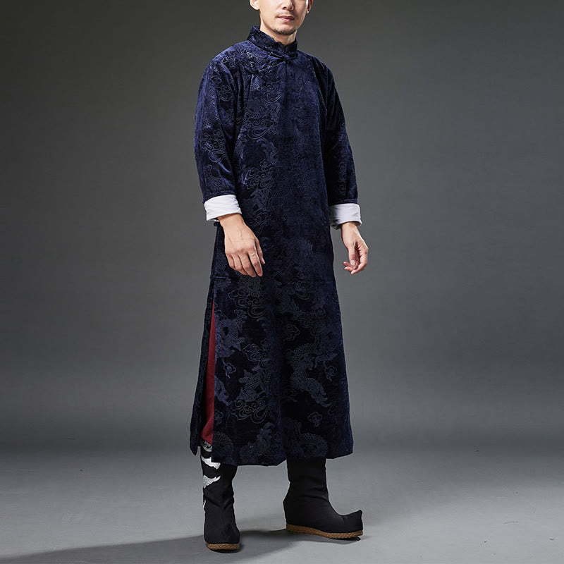 Buddha Stones Vintage Automne Hiver Chinois Grenouille Bouton Tang Costume Hommes Dragon Jacquard Robe Avec Poches - image 2
