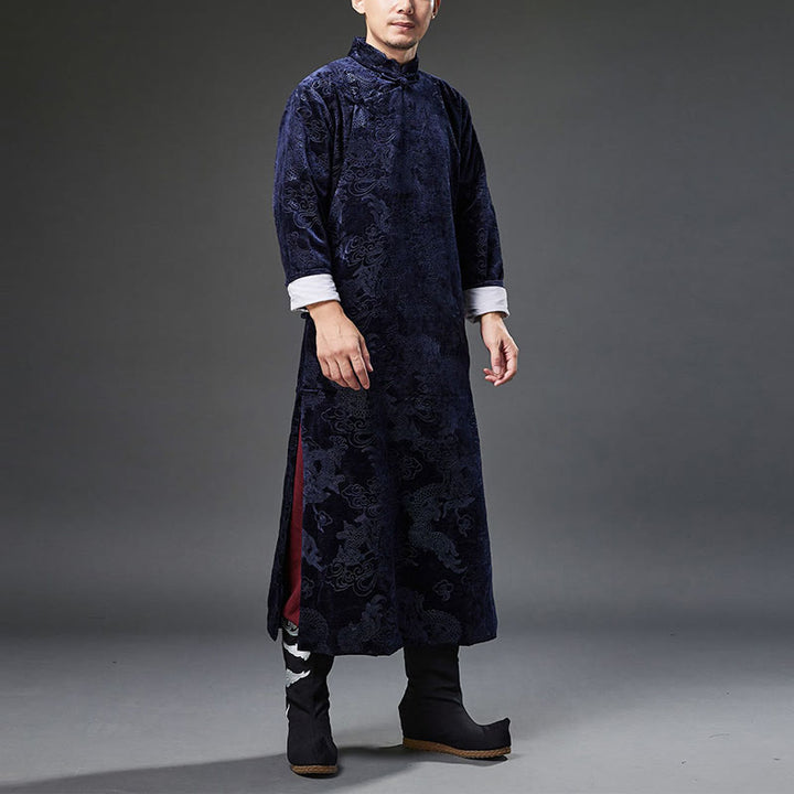 Buddha Stones Vintage Automne Hiver Chinois Grenouille Bouton Tang Costume Hommes Dragon Jacquard Robe Avec Poches - image 2