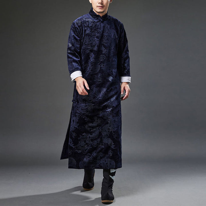 Buddha Stones Vintage Automne Hiver Chinois Grenouille Bouton Tang Costume Hommes Dragon Jacquard Robe Avec Poches