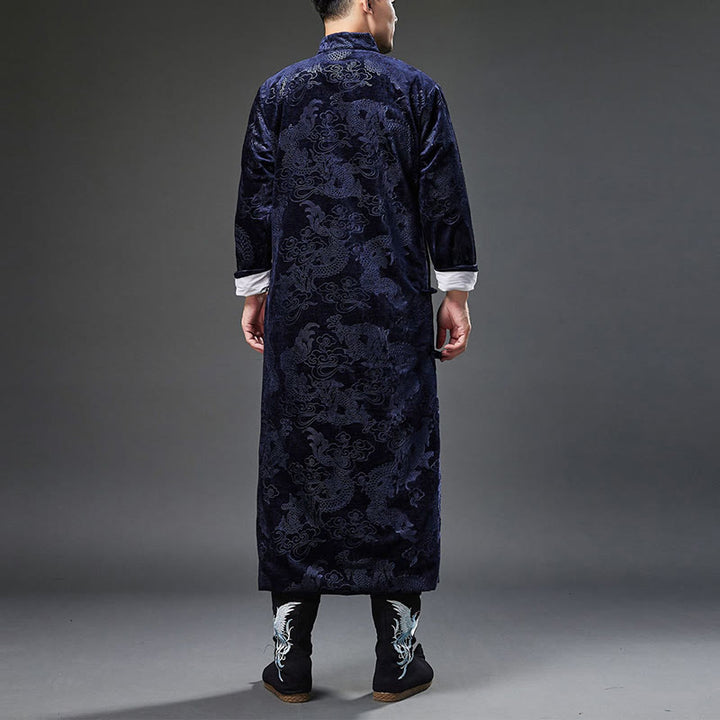 Buddha Stones Vintage Automne Hiver Chinois Grenouille Bouton Tang Costume Hommes Dragon Jacquard Robe Avec Poches - image 4
