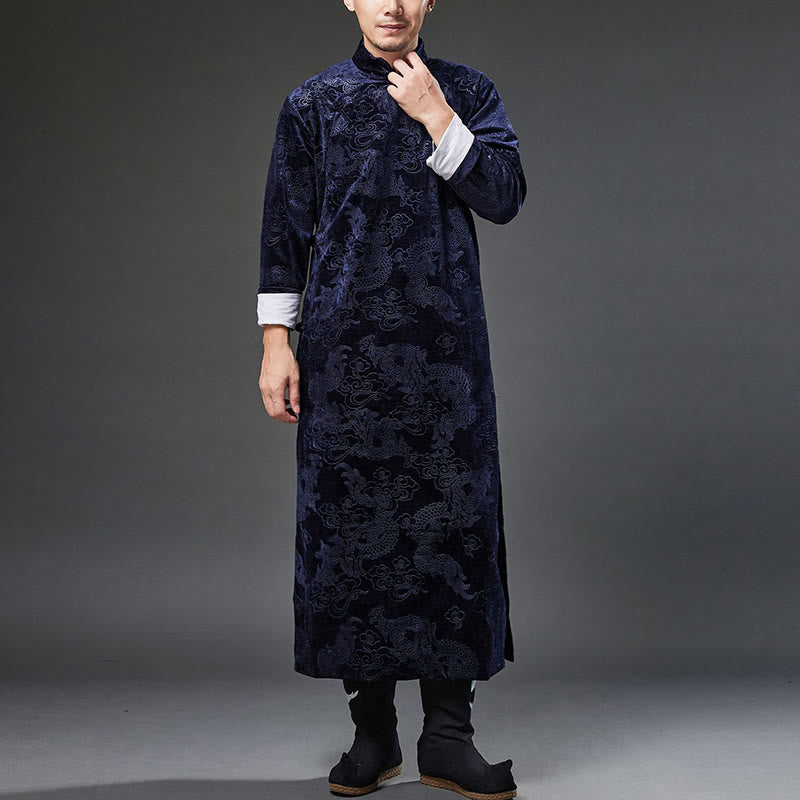 Buddha Stones Vintage Automne Hiver Chinois Grenouille Bouton Tang Costume Hommes Dragon Jacquard Robe Avec Poches