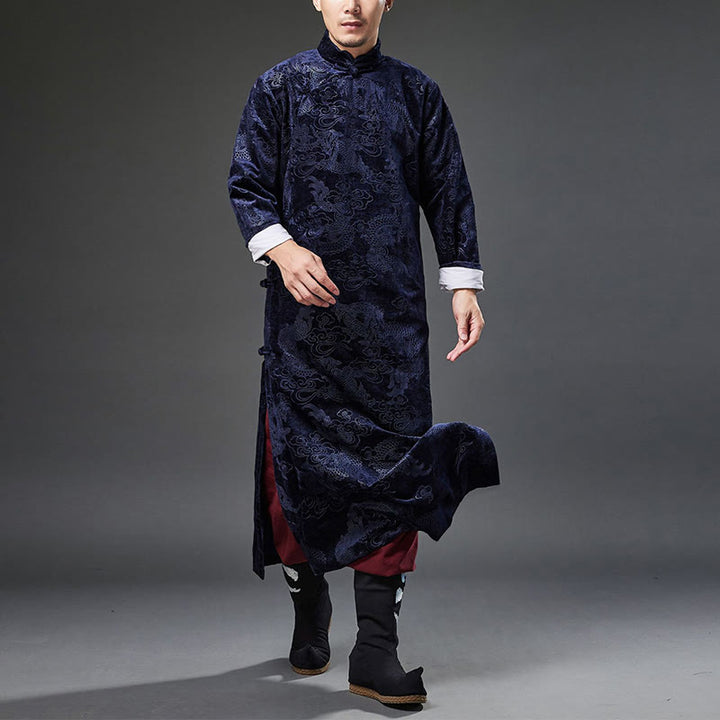 Buddha Stones Vintage Automne Hiver Chinois Grenouille Bouton Tang Costume Hommes Dragon Jacquard Robe Avec Poches