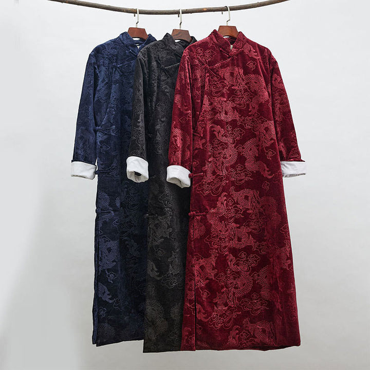 Buddha Stones Vintage Automne Hiver Chinois Grenouille Bouton Tang Costume Hommes Dragon Jacquard Robe Avec Poches